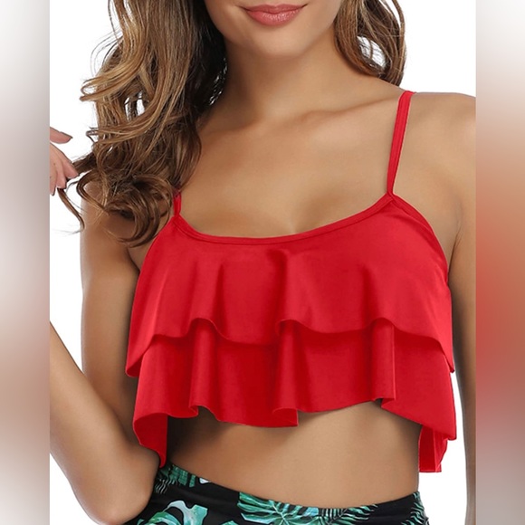 Tempt Me Red Ruffled Bikini Top Flounce Swim Top  Swimsuit Tank Top for Women L - Picture 2 of 7